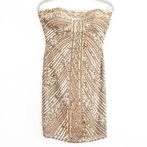 Scala Gold Silk Beaded Strapless Cocktail Dress Size 4 Lined W/Bra Insert Mini